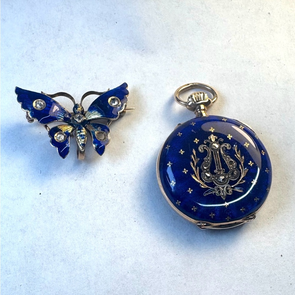 Edwardian 14K Gold, Enamel & Rose Diamond Pocket Watch with Butterfly Brooch